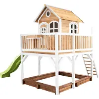 Axi Spielhaus Liam mit Sandkasten & hellgrüner Rutsche | Stelzenhaus XXL in Braun & Weiß aus Holz für Kinder | Spielturm mit Wellenrutsche für den Garten