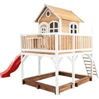 Axi Spielhaus Liam mit Sandkasten & roter Rutsche | Stelzenhaus XXL in Braun & Weiß aus Holz für Kinder | Spielturm mit Wellenrutsche für den Garten