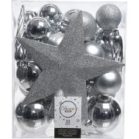 Décoris Weihnachtskugeln Kunststoff mit Christbaumstern 33er Set - Silber