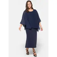 Sheego Jerseykleid "Abendkleid Abendkleid mit Fledermausärmeln", Damen, Gr. 48, N-Gr, marine, Elegant, Rundhals, Kleider Jerseykleid, im Lagenlook
