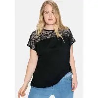 Sheego Spitzenshirt "Spitzenshirt", Damen, Gr. 52/54, schwarz, 100% Viskose, unifarben, Rundhals, Shirts Spitzenshirt