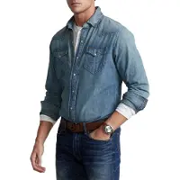 Ralph Lauren für Herren. 710703936001 Blaugeflammtes Denim-Westernhemd (S), Lässig, Baumwolle, Klassisch, Langarm