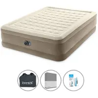 Intex Luftbett - 2 Personen - 152 x 203 x 46 cm - Beige - Mit eingebauter Pumpe + Spannbettlaken Anthrazit + Reperaturset