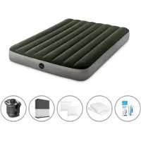 Intex Luftbett - 2 Personen - 137 x 191 x 25 cm - Grün - Mit Pumpe + Spannbettlaken Schwarz + Kopfkissen + Molton 2 in 1 Kissenbezüge + Reperaturset
