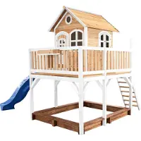 Axi Spielhaus Liam mit Sandkasten & blauer Rutsche | Stelzenhaus XXL in Braun & Weiß aus Holz für Kinder | Spielturm mit Wellenrutsche für den Garten