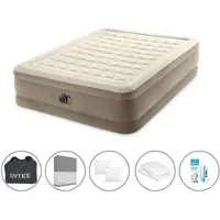 Intex Luftbett - 2 Personen - 152 x 203 x 46 cm - Beige - Mit eingebauter Pumpe + Spannbettlaken Anthrazit + Kopfkissen + Molton 2 in 1 Kissenbezüge + Reperaturset