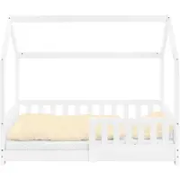 ECD-Germany Kinderbett 70x140 cm mit Rausfallschutz, Dach und Lattenrost, Weiß, Hausbett aus massivem Kiefernholz, Bodenbett, Holzbett