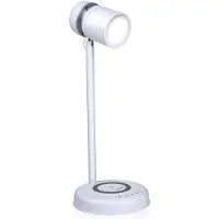 Grundig Schreibtischlampe Led 3-in-1 - Qi-Technologie - kabelloses Handy-Ladegerät - Bluetooth-Lautsprecher - 4 Standfüße - Weiß