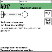 Reyher DIN 933 / ISO 4017 - Stahl 10.9 verzinkt - M 8x70 - Sechskantschrauben mit Gewinde bis Kopf