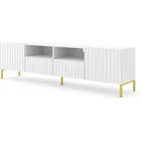 Homlando TV Schrank WAVE 2D2S 200 cm WEIß MATT Lowboard 2 Türen 2 Schubladen mit gefräster fronten MDF Unterschrank Fernsehschrank BEINE GOLDEN