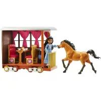 Mattel Zug-Abenteuer Spielset, Puppe Lucky (18cm) & Pferd Spirit (20cm), Zug mit rollenden Rädern, Speisezubehör, Spielzeug