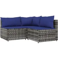 vidaXL 3-tlg. Garten-Lounge-Set mit Kissen Grau Poly Rattan