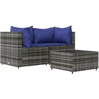 vidaXL 3-tlg. Garten-Lounge-Set mit Kissen Grau Poly Rattan