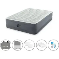 Intex Luftbett - 2 Personen - 152 x 203 x 46 cm - Grau - Mit Pumpe + Spannbettlaken Anthrazit + Kopfkissen + Molton 2 in 1 Kissenbezüge + Reperaturset
