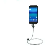 Fusechicken Sync-Kabel Typ-C BOBINE Flex 0,6m Selbststehende Halterung Silber 2xClips