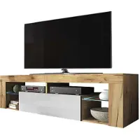 Selsey TV-Schrank BIANKO TV-Lowboard in Holz-Optik Lancaster Eiche mit Klappe in Weiß Hochglanz mit LED-Beleuchtung Stehend 140cm