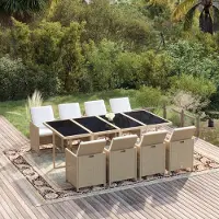 The Living Store 9-tlg. Garten-Essgruppe mit Kissen Poly Rattan Beige
