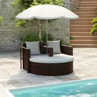 The Living Store Gartenbett mit Sonnenschirm Braun Poly Rattan