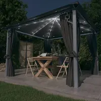 The Living Store Pavillon mit Vorhängen & LED-Lichterkette 3x3 m Anthrazit Alu