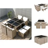 vidaXL 9-tlg. Garten-Essgruppe mit Auflagen Poly Rattan Beige - Gartenmöbel-Sets