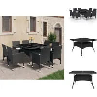 vidaXL 9-tlg. Garten-Essgruppe Poly Rattan und Glas Schwarz - Gartenmöbel-Sets