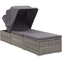 The Living Store Sonnenliege mit Sonnenschutz und Auflagen Poly Rattan Grau