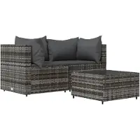 The Living Store 3-tlg. Garten-Lounge-Set mit Kissen Grau Poly Rattan