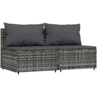 The Living Store Garten-Mittelsofas mit Kissen 2 Stk. Grau Poly Rattan
