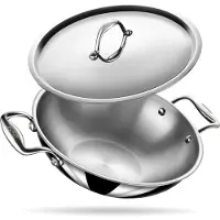 Unyqoos Stahl Triply Wokpfanne Ø 34 cm – PFAS‑freie Edelstahloberfläche, 3‑lagig mit Aluminiumkern, inkl. Deckel, induktionsgeeignet für 8–10 Personen