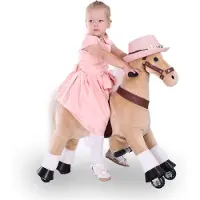Vrooomy Pferd auf Rollen Kinder Reittier Klein (4–6 Jahre) – Mechanisches Reitpferd mit Galoppfunktion & Lenkung – Plüsch Reittier Indoor & Outdoor – Beige