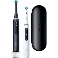 Oral-B iO Series 5 Duo wiederaufladbare elektrische Zahnbürste 2er-Pack, Magnetantriebssystem, intelligenter Drucksensor, 5 Reinigungsmodi, 2-Minuten-Timer, mit Reiseetui, Mattschwarz &amp; Hellweiß