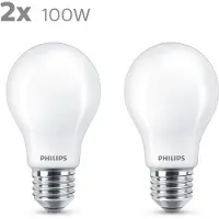 Philips Filament-Lampe Milchglas 100W A60 E27 x2, 10,5 W, 100 W, E27, 1521 lm, 15000 h, Warmweiß