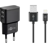 Wentronic Apple Lightning Dual-Ladeset (12 W), Netzteil mit 2x USB-Anschlüssen, Apple Lightning-Kabel, 1 m, schwarz, Drinnen, AC, 5 V, 1 m, Schwarz