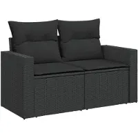 vidaXL Gartensofa mit Kissen 2-Sitzer Schwarz Poly Rattan
