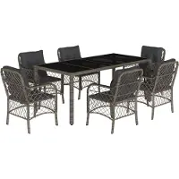 vidaXL 7-tlg. Garten-Essgruppe mit Kissen Grau Poly Rattan