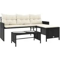 vidaXL Gartensofa in L-Form mit Tisch und Kissen Schwarz Poly Rattan