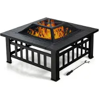 Coast 3 in 1 Feuerschale, Outdoor-Feuerstelle 81 x 81 cm, Quadratischer Feuerkorb für Garten Hinterhof Terrasse Balkon, mit Gitter/ Rost/ Grill/ Schürhaken/ Abdeckung, für Picknicks & Lagerfeuer
