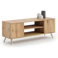 KOBI Skandinavischer TV-Schrank FOCUS 155 | Goldenes Eichenholz, 18 mm Laminatplatte, mit leisen Schließsystem und Holzbeinen | Für Fernseher bis 65 Zoll