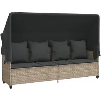 vidaXL Sonnenliege mit Dach und Kissen Hellgrau Poly Rattan