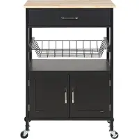 Beliani Servierwagen Schwarz und Heller Holzfarbton aus Holz mit Rollen Schublade Unterschrank für Küche Esszimmer Wohnzimmer