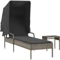 vidaXL Sonnenliege mit Dach und Tisch Grau Poly Rattan