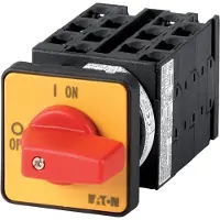 Eaton 015374 EIN-AUS-Schalter, T0, 20 A, Einbau, 6 Baueinheit(en), 9-polig, 2 Schließer, 1 Öffner, NOT-AUS-Funktion, mit rotem Knebel und gelbem