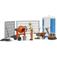BRUDER 62008 - Bworld Baustellenset mit Bauarbeiter, Rüttelplatte, Mischmaschine, WC, Baustellenzaun - Zubehör Baustelle, Straßenbau, Baufahrzeuge