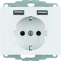 Berker 48037009, 2 x Type F + 2 x USB A, USB 2.0, Weiß, Thermoplast, IP20, 250 V