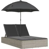 vidaXL Doppel-Sonnenliege mit Kissen & Schirm Hellgrau Poly Rattan