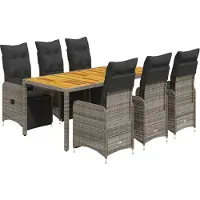 vidaXL 7-tlg. Garten-Bistro-Set mit Kissen Grau Poly Rattan