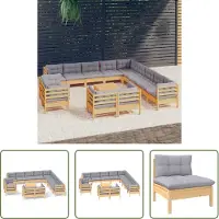 The Living Store 14-tlg. Garten-Lounge-Set mit Grauen Kissen Massivholz Kiefer