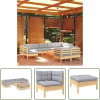 The Living Store 10-tlg. Garten-Lounge-Set mit Grauen Kissen Kiefer Massivholz