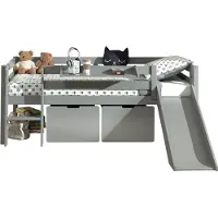 Vipack Kojen-Spielbett mit Liegefläche 90 x 200 cm, inkl. Leiter, Regal, Rutsche, Rolllattenrost und 2 Schubkästen, Kiefer und MDF grau lackiert