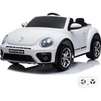 Vrooomy Volkswagen Beetle XL Kinder Elektroauto 12V (1–6 Jahre) – Offiziell Lizenziert, mit Fernbedienung, EVA-Reifen & Ledersitz – Kinder Elektrofahrzeug – Weiß